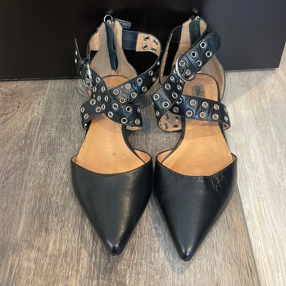 Halogen black flats with cross studded zipper
